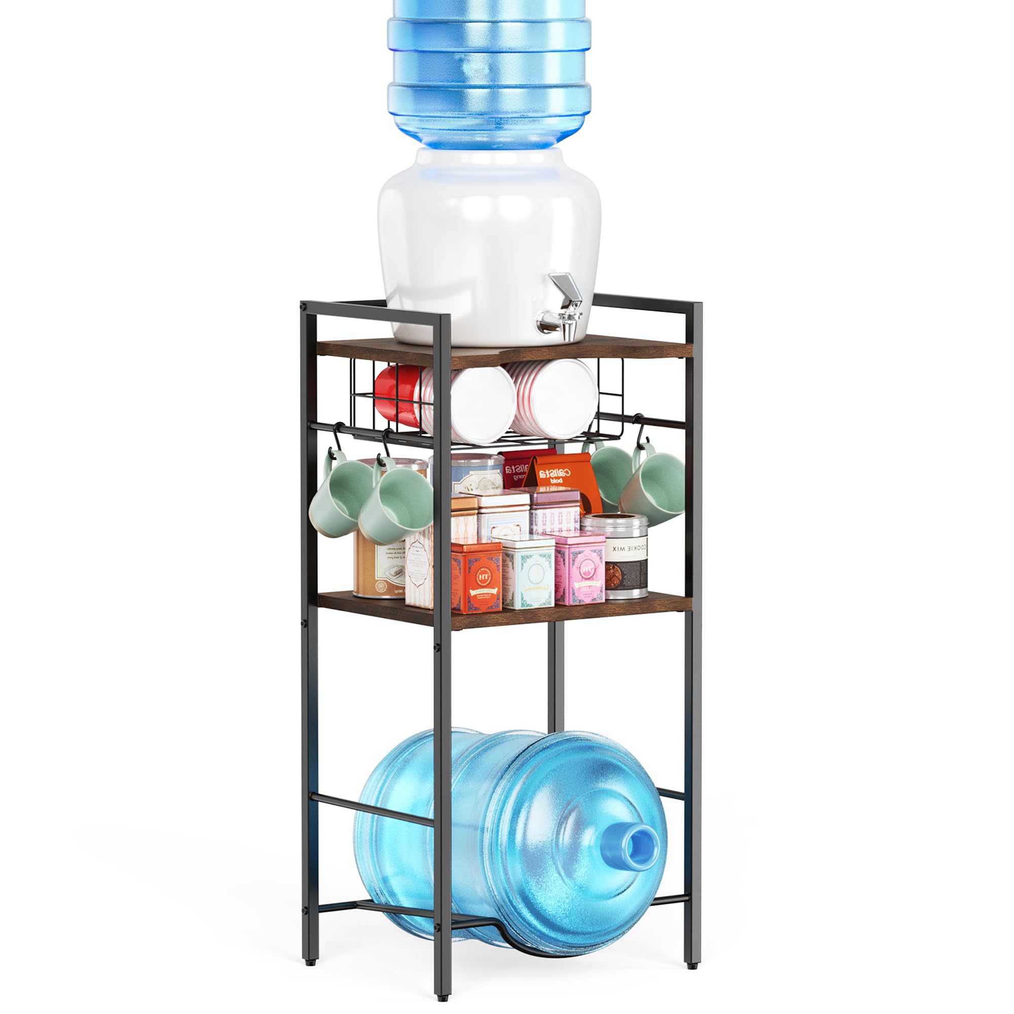 Photo 1 of 3 Tier Water Dispenser Stand, Water Stand for 5 Gallon Water Jug Holder, Water Cooler Stand with Metal Basket, Water Bottle Stand with 4 Hooks, Water Jug Stand for Home, Office