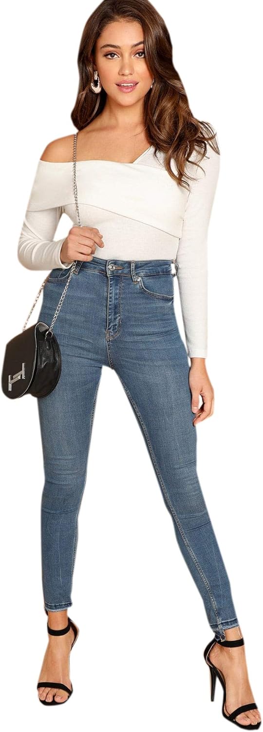 Romwe Women's Casual Cross Off Shoulder Deep V Neck Ribbed Knit Slim Wrap Tee Shirt Blouse at  Women’s Clothing store