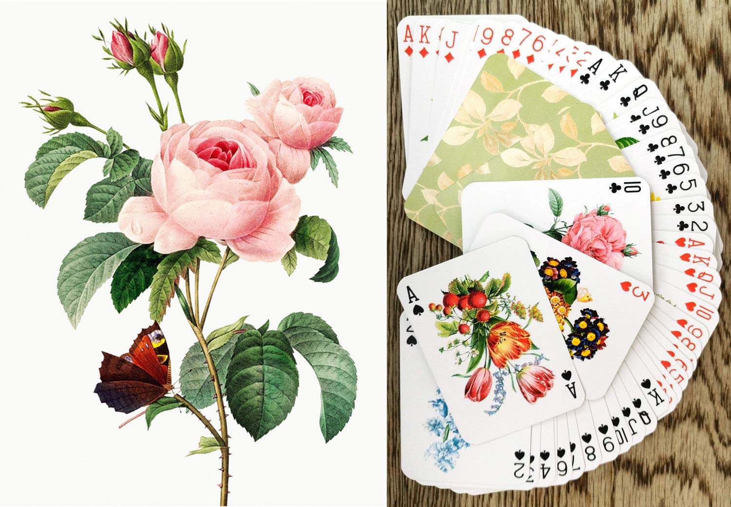 FLONZGIFT Flowers Roses Playing Cards (Poker Deck 54 Cards All Different) Vintage Graden Flowers Roses Wildflowers Engraving Painting by Redoute