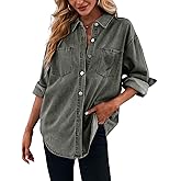 Plffkfly Women's Casual Button Down Denim Shirt Long Sleeve Boyfriend Oversized Jean Jacket with Pockets