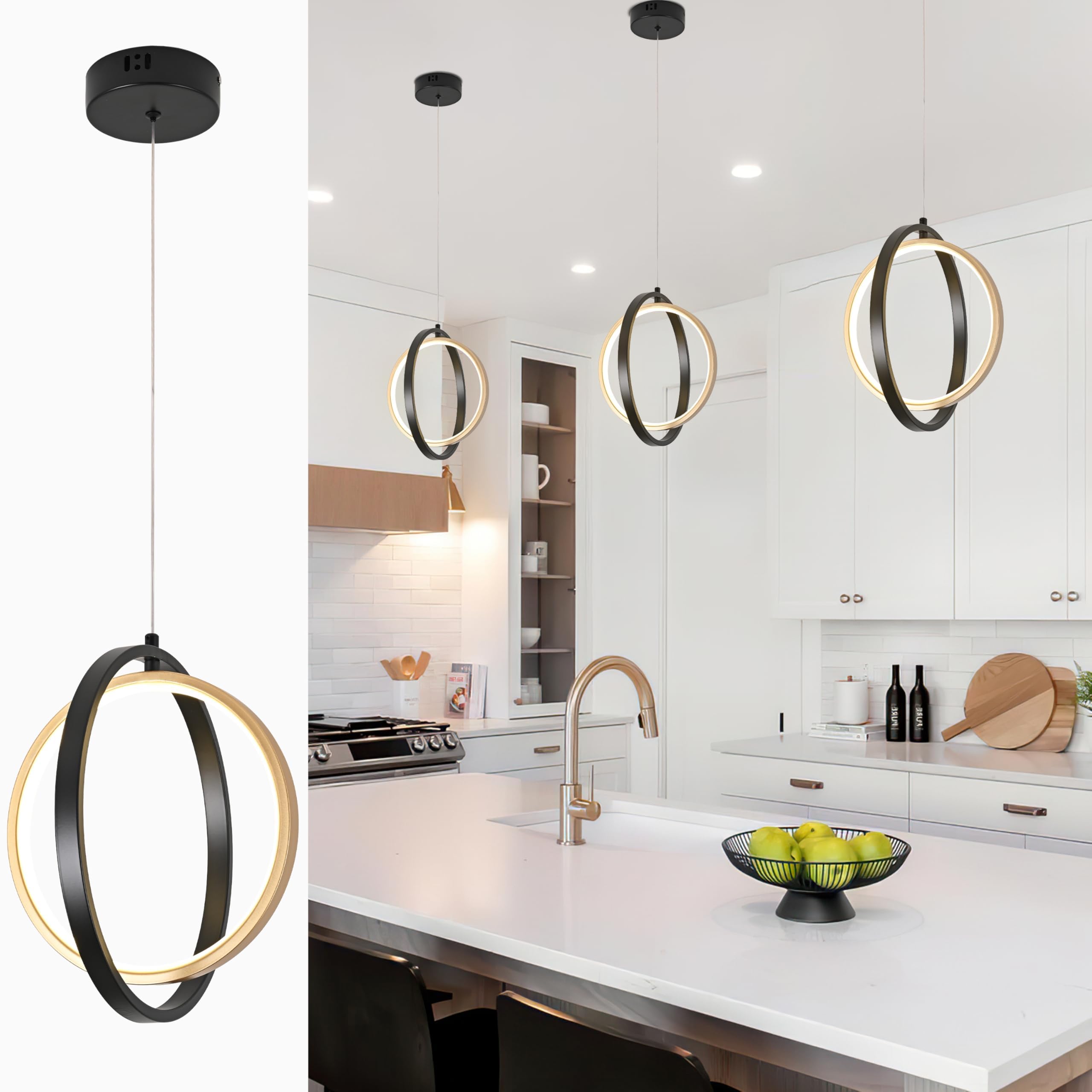Photo 1 of AyshwillDec 3 Packs Black Modern LED Pendant Light Modern Led Pendant Light Ring Chandelier Height-Adjustable Suspended Ceiling Fixtures for Entrance Living Room Dining Room Kitchen Island Bedroom