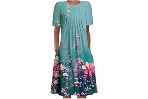 ZunFeo Womens T Shirt Dress 2023 Dressy Casual Crewneck Twist Front Floral Mini Dresses Smocked Hem Flowy Tunic Boho Dress