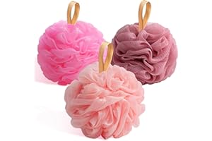 Fishent Bath Loofah Sponge, 3 Pack loofahs Exfoliating Body Scrubber, 60g Soft Mesh Pouf Shower Puffs, Loofa for Women (Pink-Peach-Coral)