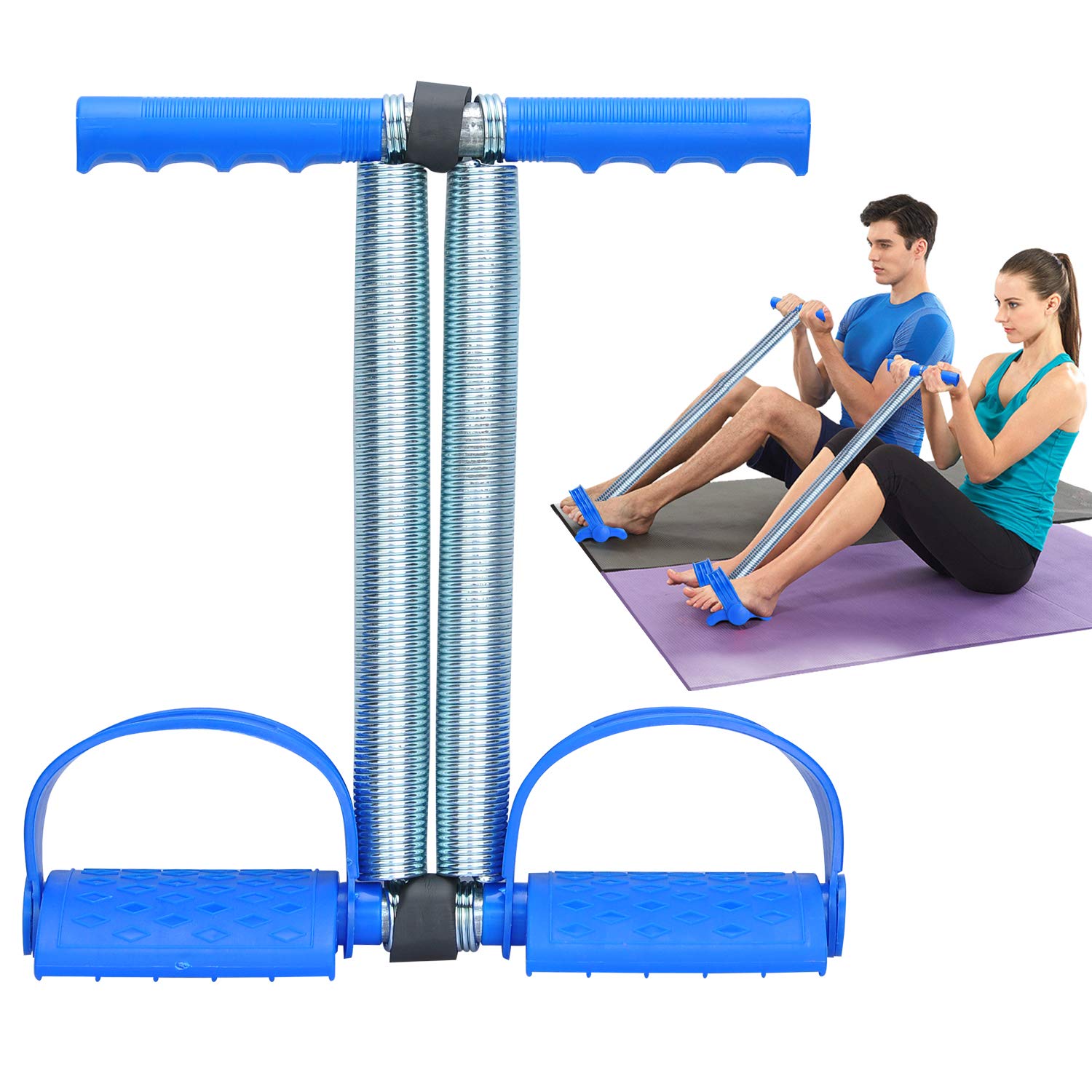 COVVY Elastic Sit Up Pull Rope Dual Spring Tension Foot Pedal Abdomen Leg Exerciser Tummy Trimmer Equipment Bodybuilding Expander for Fitness Yoga Training (Blue)