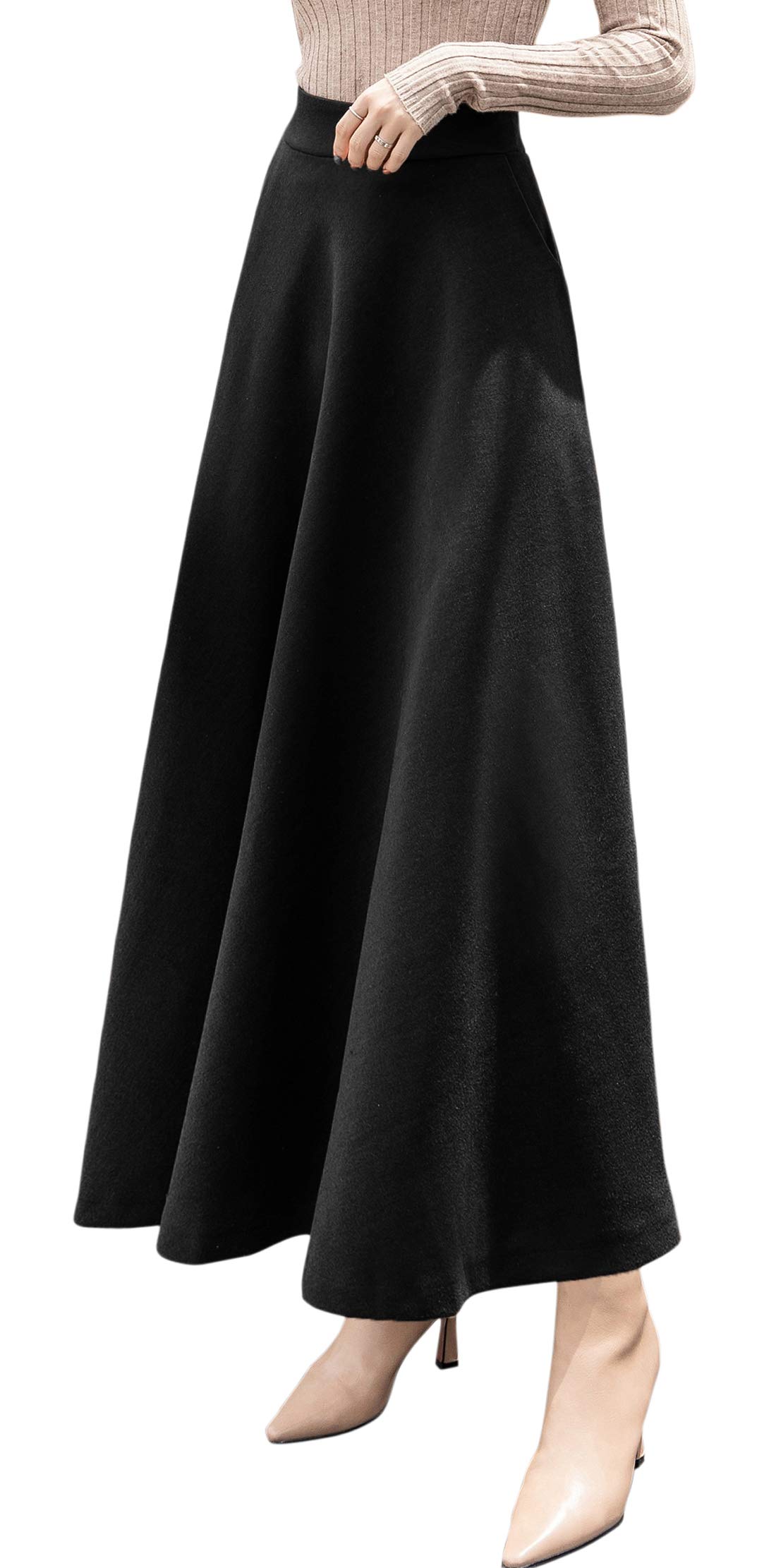 Photo 1 of chouyatou Women's Fall Winter A-Line Swing Pleated Long Maxi Wool Skater Skirt (X-Small, Pocket-Black)