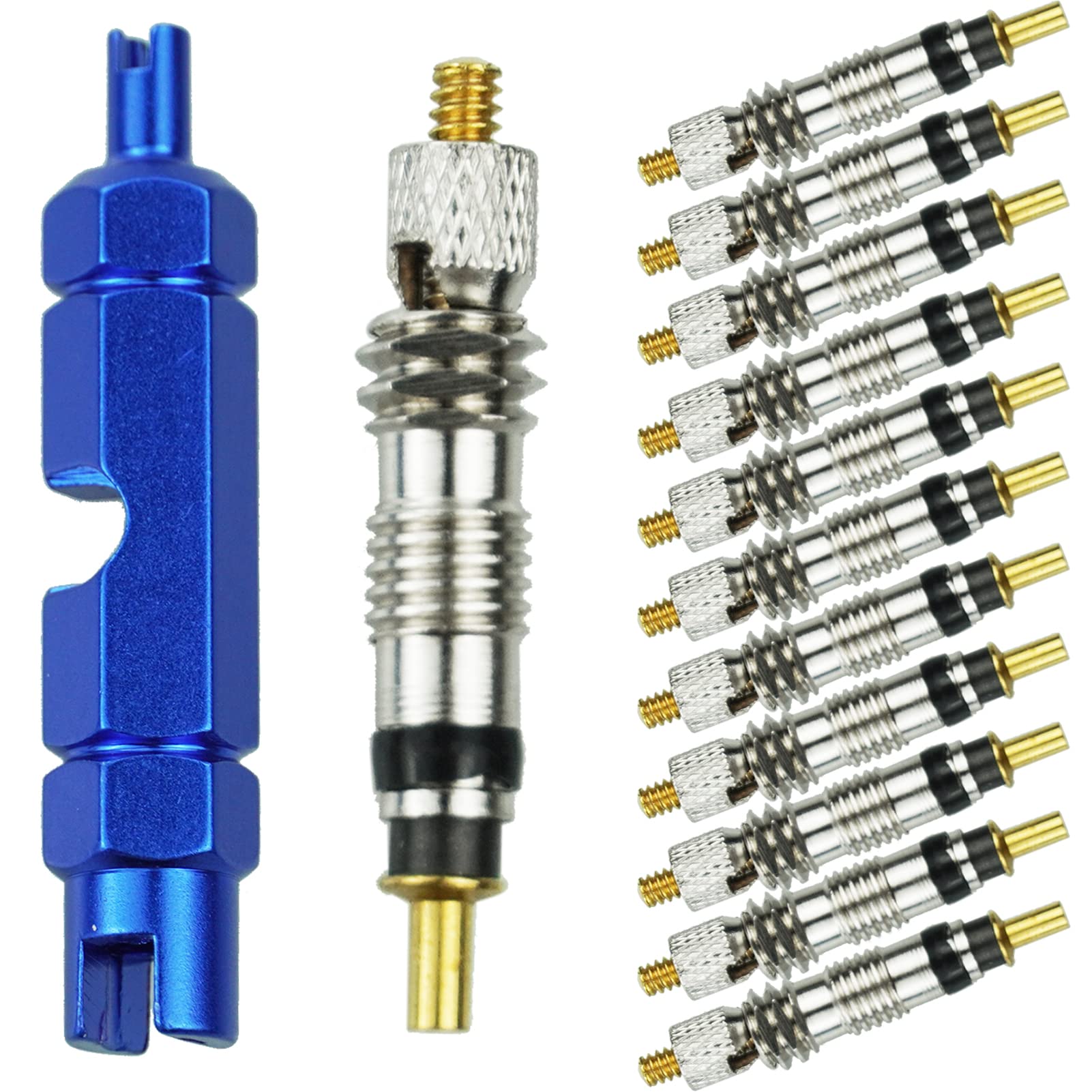 SZCXDKJ 12pcs Presta Valve Cores, Replacement Bicycle Presta Valve Remover Tool Kit, Copper Tubeless Presta Valve Core For Universal Road Bike Car Includes Valve Wrench