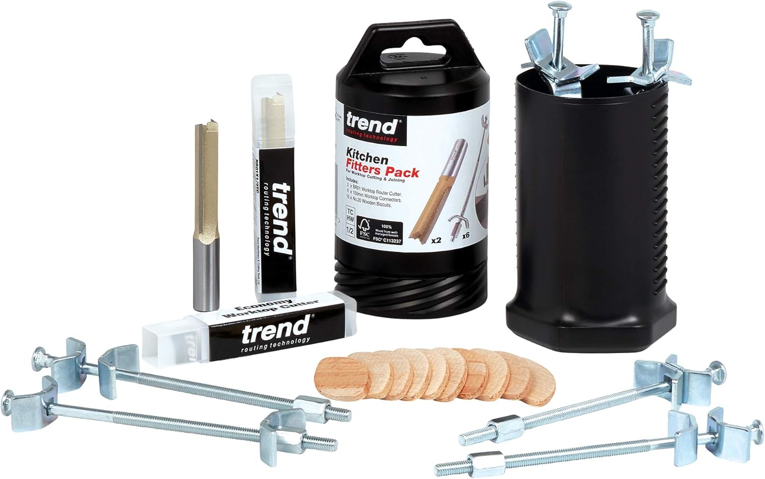 Trend Kitchen Fitters Pack with Straight Two Flute Worktop Router Cutters, Connecting Bolts and 10 x No.20 Biscuits, BR/KFP/1 - Image 3