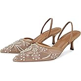 MAIJED Embroidered Kitten Heels for Women Pointed Toe Mesh Floral Slingback Heeled Sandals With Pearl Slip On Backless Bridal Wedding Sandals Shoes