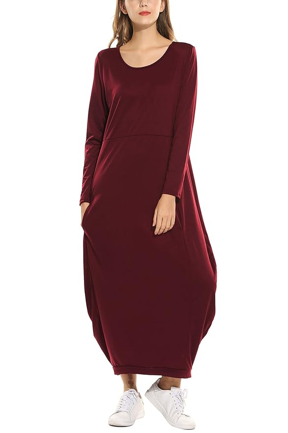 Zeagoo Damen Maxikleid Boho Lang Kleid Midikleid Lässig Langarmkleid Lose Kleider mit Taschen