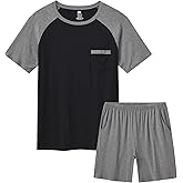 MoFiz Mens Pajama Set Pjs Sleepwear Nightwear Lightweight Quick Dry Soft Short Sleeve V-Neck Summer Pjs Sleep Set With Pocket