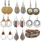 9 Pairs Boho Earrings for Women Vintage Jewelry Set Teardrop Sunflower Dangle Earrings with Leather Wrap Bracelets Christmas Gifts