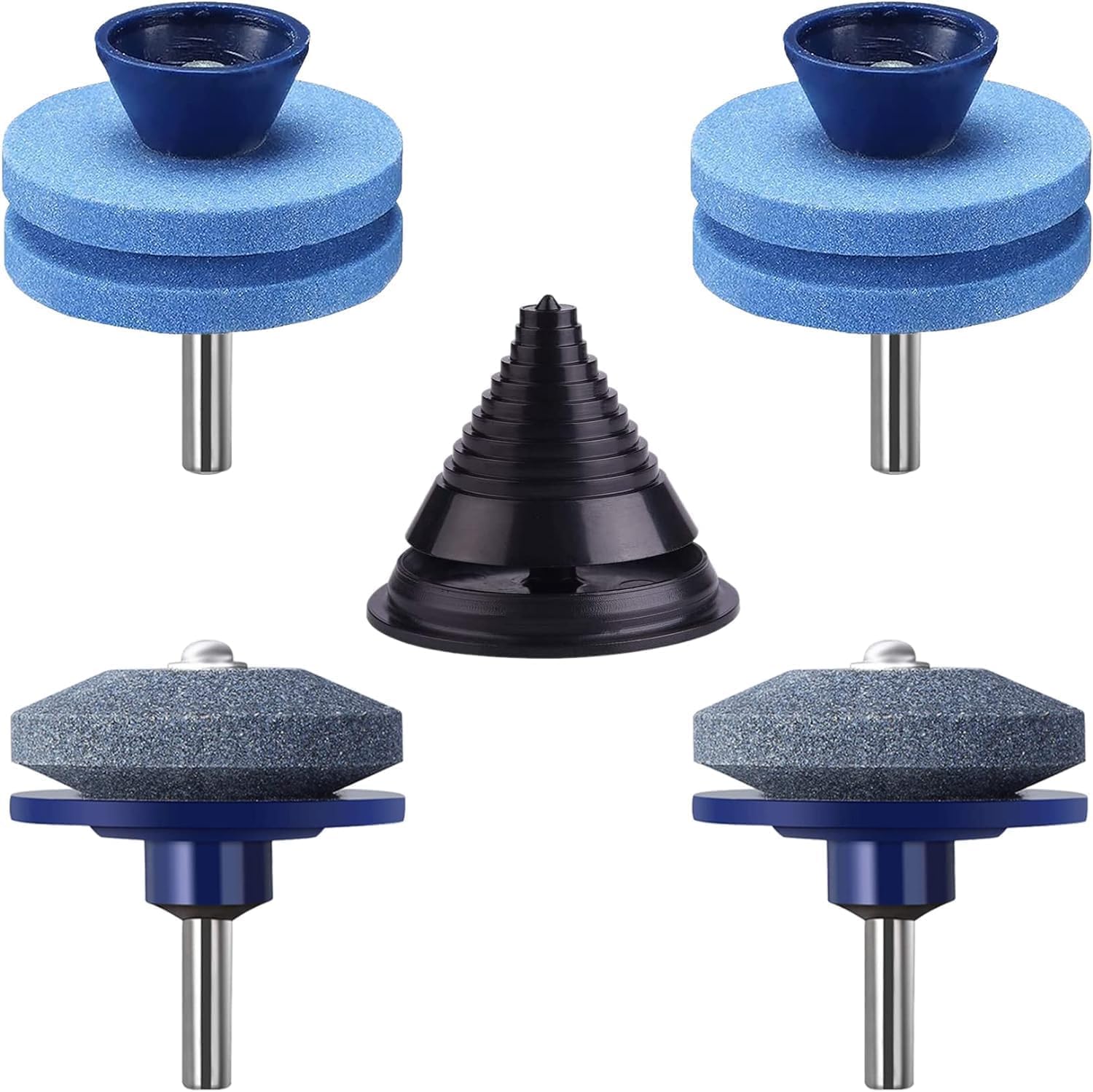 Photo 1 of HXXF 4PCS Lawn Mower Blade Sharpener, Double Layer Corundum Lawnmower Blade Sharpener, Universal Wear Resistant Mower Blade Sharpener for Any Power Drill/Hand Drill, Including Blade Balancer