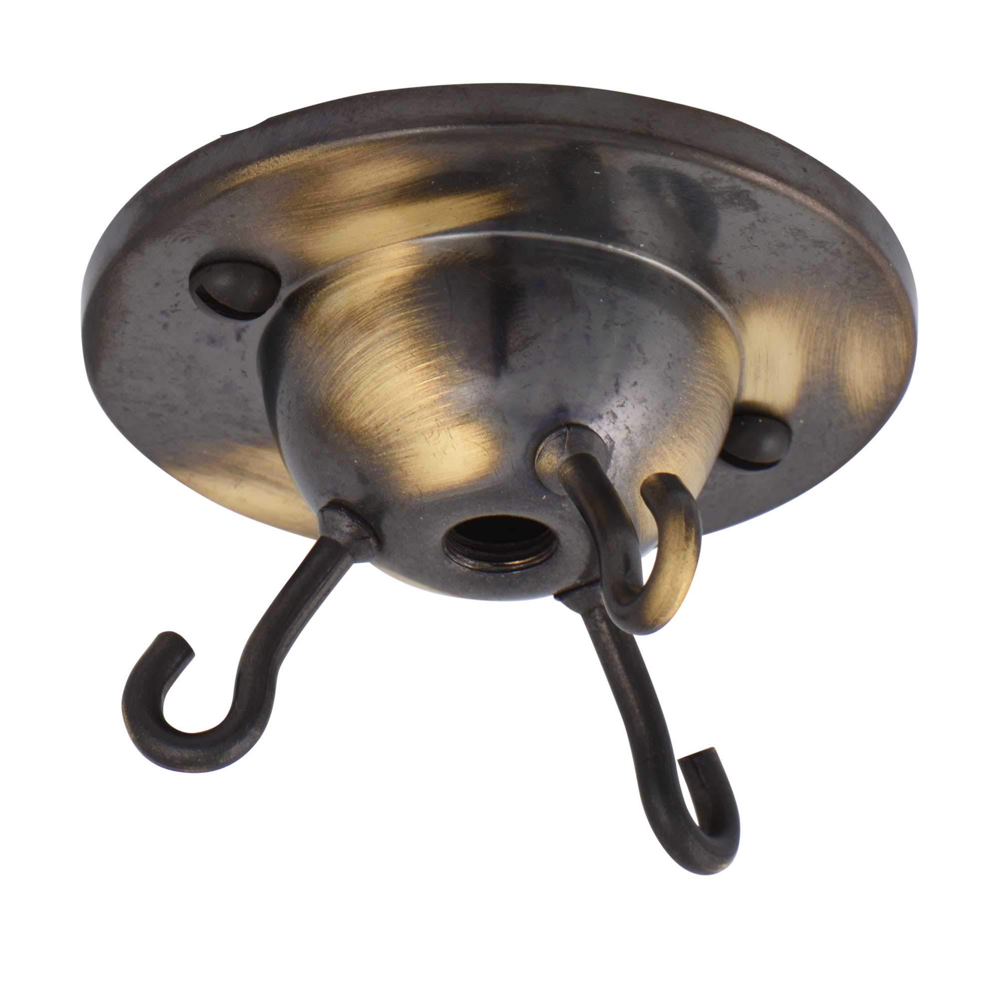 ElekTek Brushed Antique 3-Hook Ceiling Rose Plate for DIY Suspended Indoor Hanging Plants, Decorative Inverted 'Fly Catcher' Shades Without Wired Light Fittings