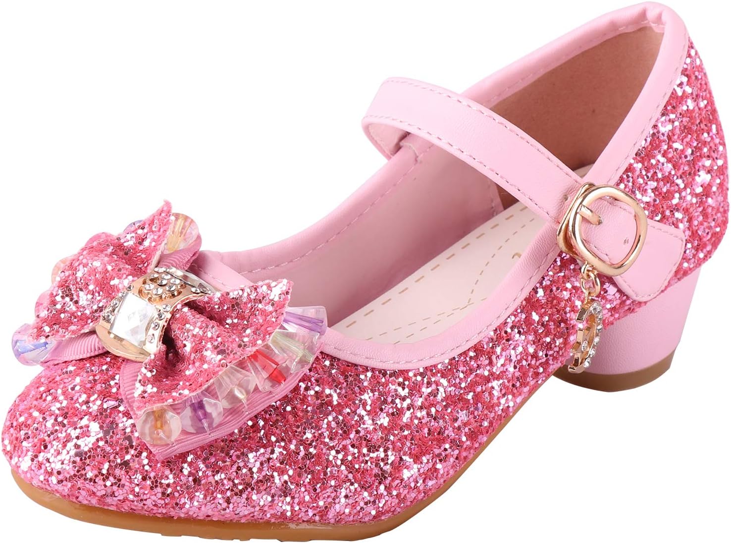 Girls Glitter Princess Shoes Mary Janes Side Bow Low Heels Wedding Party Sandals