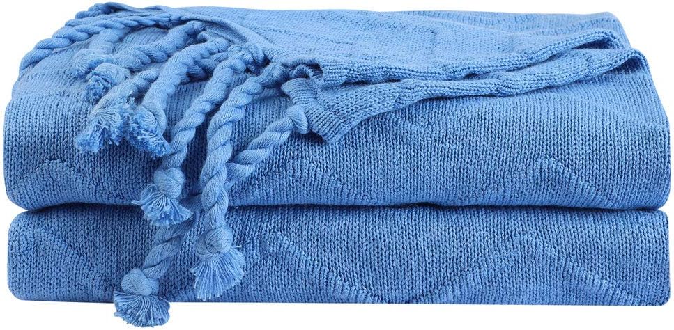 PiccoCasa 100% Cotton Cable Knitted Throw Blanket,Decorative Couch Throws,Solid Textured Cotton Woven Knit Tassels Blanket,50" x 60",Quilt Blue