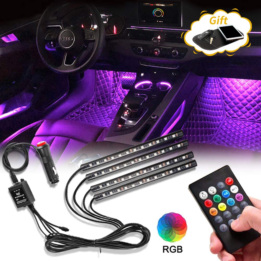 Car LED Strip Light, Small Ant 4pcs 48 LED Multi-color Car Interior Lights Under Dash Lighting Waterproof Kit with Sound Active Function and Wireless Remote Control, Car Charger Included, DC 12V