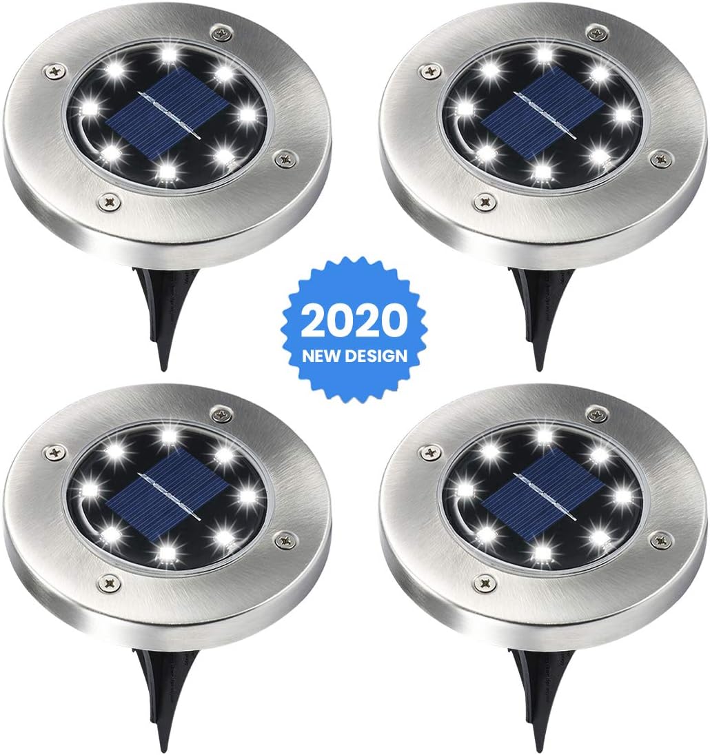 Elfeland Solar Ground Lights Outdoor Solar Lights Waterproof Auto On/Off Landscape Spike Lawn Light Pathway Light Solar Powered Disk Light for Yard Deck Lawn Patio Walkway (White-4 Pack)