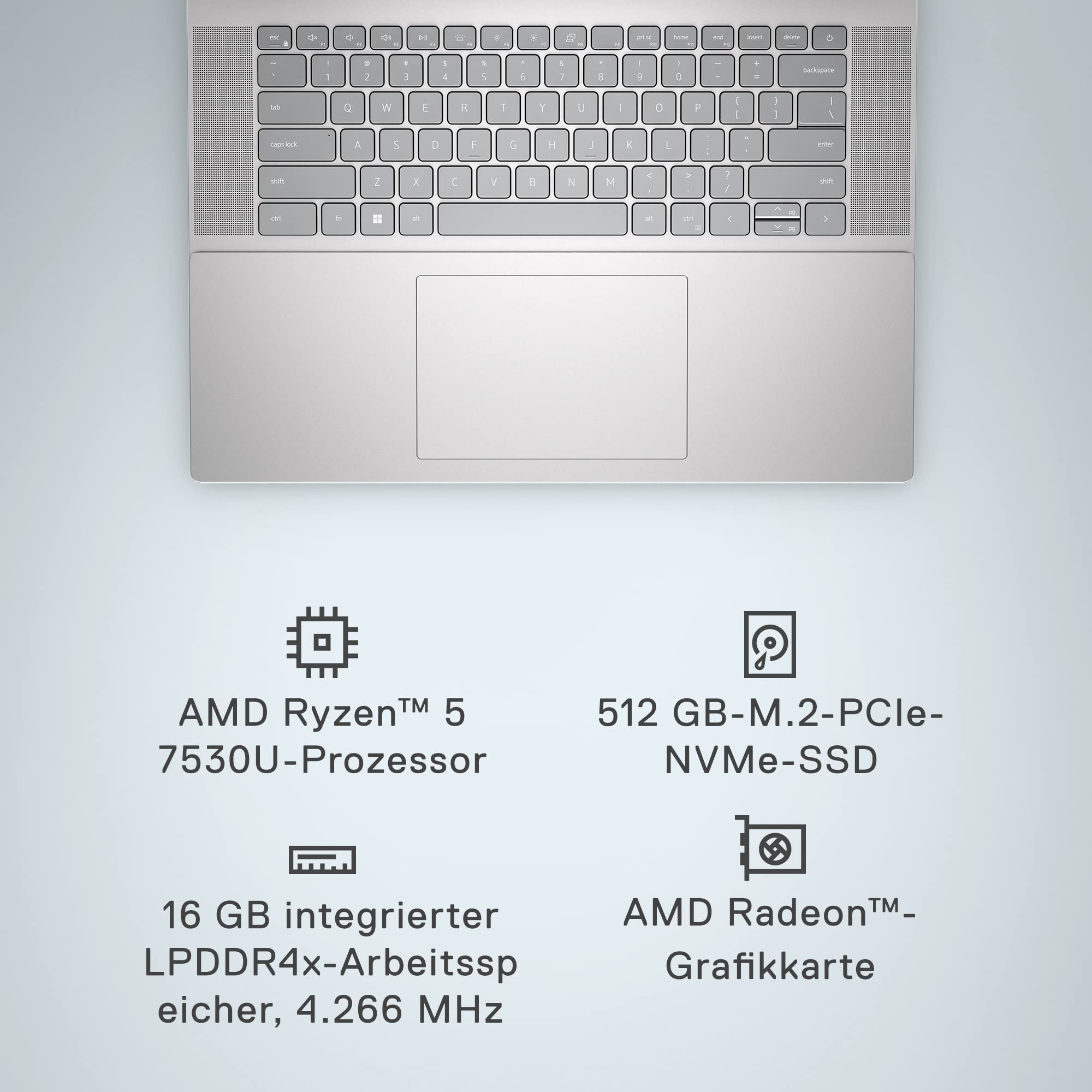 Dell Inspiron 16 5635 Laptop, 16 Inch 16:10 FHD+ Display, AMD Ryzen 5 7530U, 16 GB RAM, 512 GB SSD, AMD Radeon Graphics, Windows 11 Home Plus, Fingerprint Reader, QWERTZ Keyboard, Silver