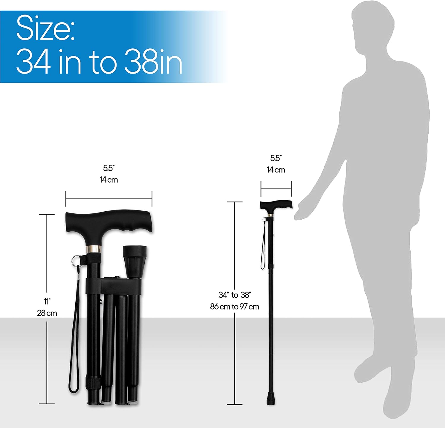 RMS Folding Cane - Foldable, Adjustable, Lightweight Aluminum Offset Walking Cane - Collapsible Walking Stick with Ergonomic Derby Handle - Ideal Daily Living Aid for Limited Mobility (Black): Health & Personal Care