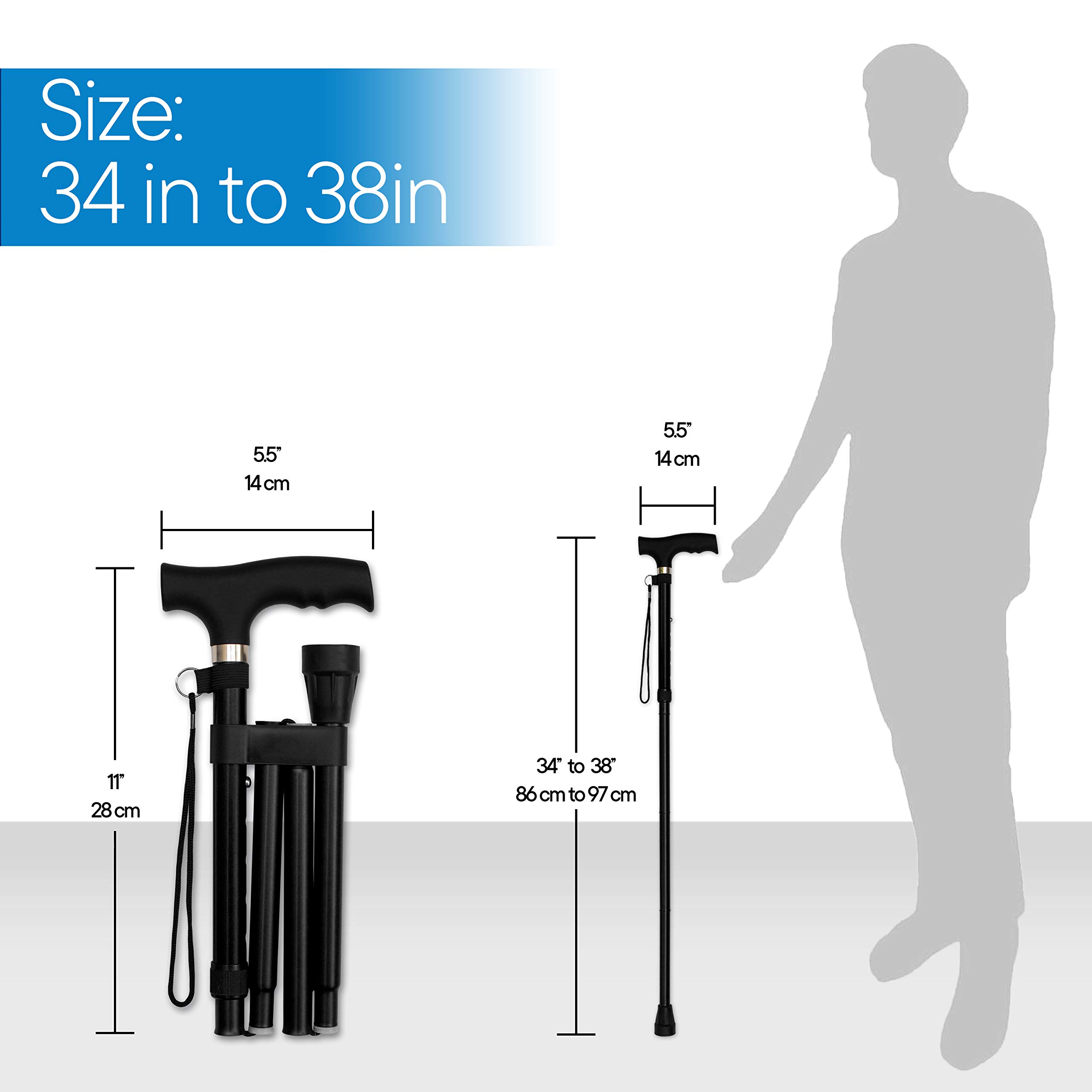 RMS Folding Cane - Foldable Walking Cane with Adjustable Height - Collapsible and Lightweight - Soft Ergonomic Handle for Comfortable Grip - Portable Walking Stick for Mobility Aid