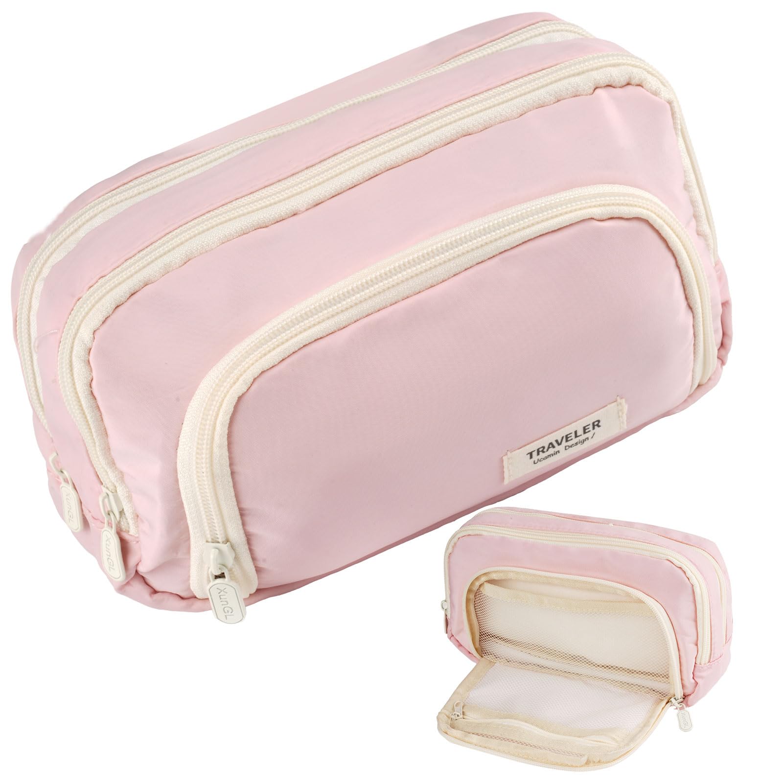 Tikplus Pencil Case Large Capacity, Big Pencil Case with 4 Compartments, Zip Pencil Pouch Pen Bag for Girls Teenage Stationery Organizer, Makeup Bag for Women, Men (Pink)