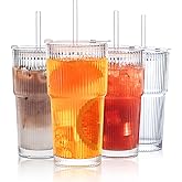 INSETLAN 20 oz Ribbed Glass Tumblers with Lids and Glass Straws – 4-Piece Glassware Set, Thickened Wall, Ideal for Iced Coffee, Smoothies, Cocktails, and Juices – Elegant and Durable Drinkware