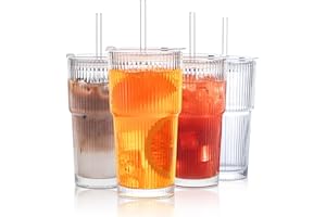 20 oz Ribbed Glass Tumblers with Lids and Glass Straws – 4-Piece Glassware Set, Thickened Glass, Ideal for Iced Coffee, Smoot