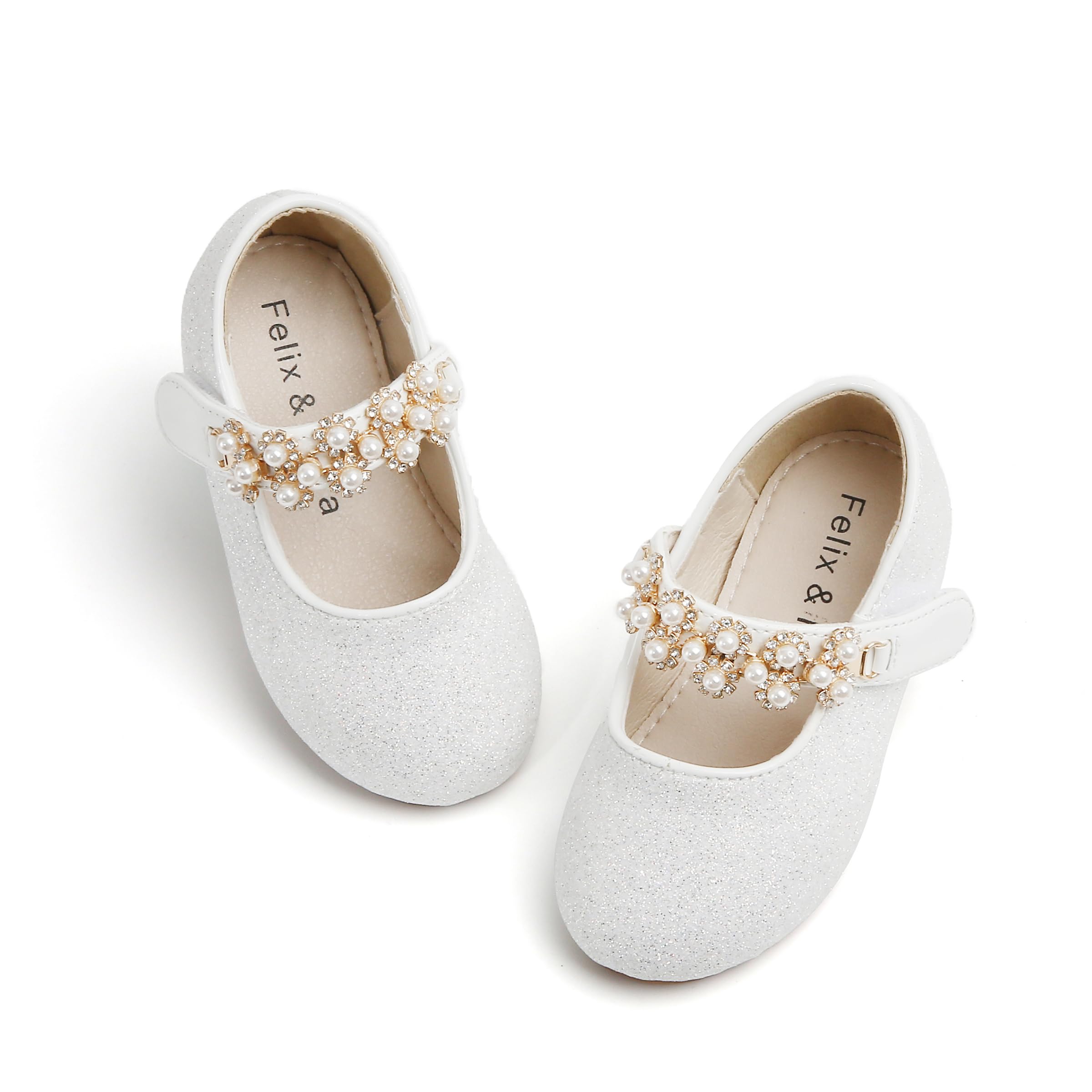 Felix & Flora Girls Dress Glitter White Shoes - Mary Jane Ballet Flats Party Wedding School Size 11 Little Kid Image