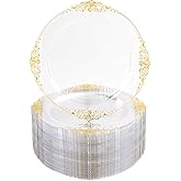 Nervure 100PCS Clear and Gold Plastic Plates - 7.5inch Clear Disposable Plates - Heavyweight Gold Plastic Plate - Dessert Plate for Wedding & Party