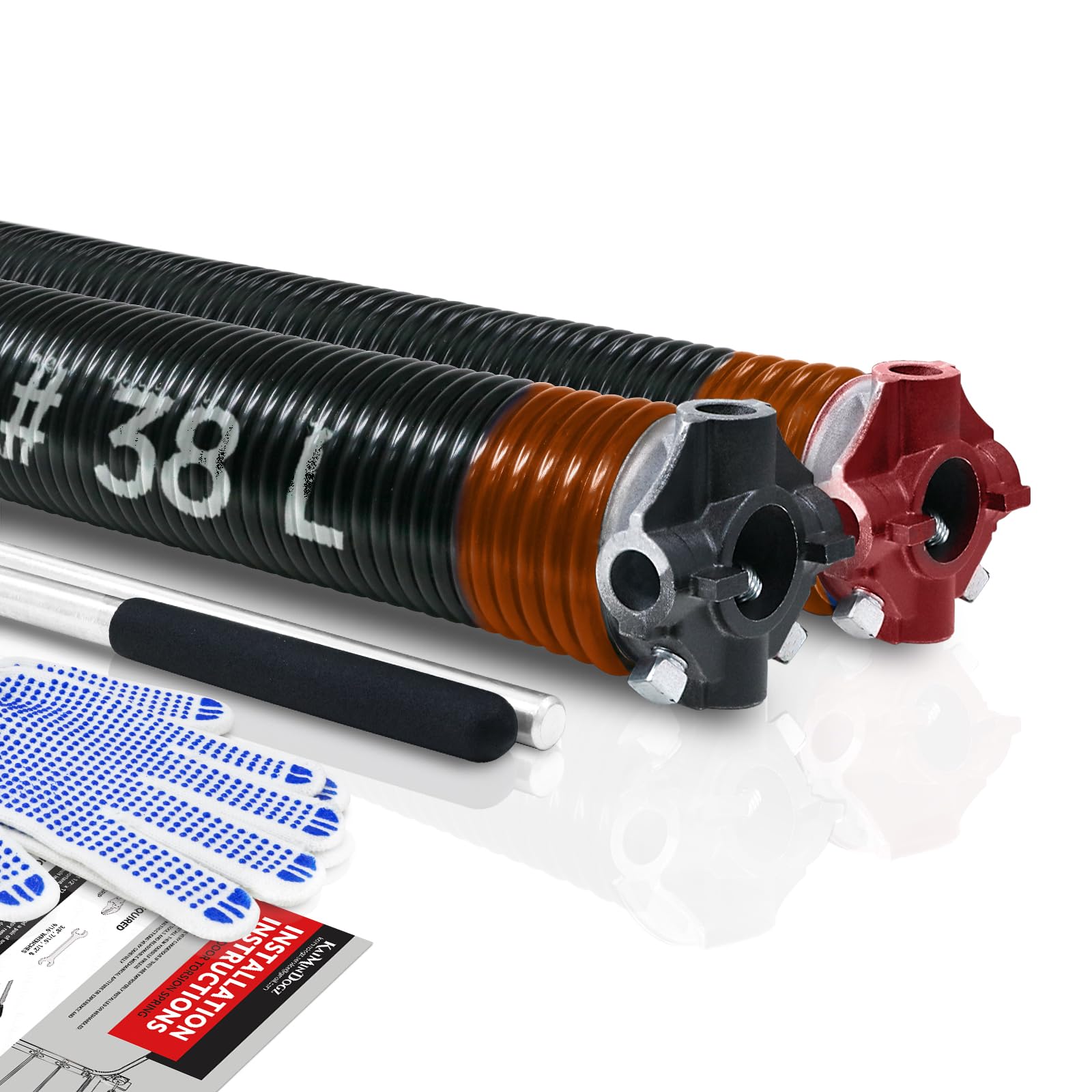 Pair of 2" Garage Door Torsion Springs Set with Non-Slip Winding Bars&Gloves, High Quality Precision Electrophoresis Oil-Free Black Coated for Replacement, MIN 16,000 Cycles (0.273x2''x38'') Image