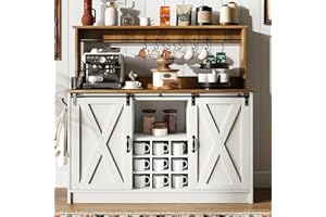 4ever2buy Farmhouse Coffee Bar Cabinet with Hutch, 47 Inch Buffet Cabinet with Storage, White Wine Bar with 9 Wine Racks and 6 Hooks, Coffee Bar Table with Adjustable Shelves for Living Dining Room