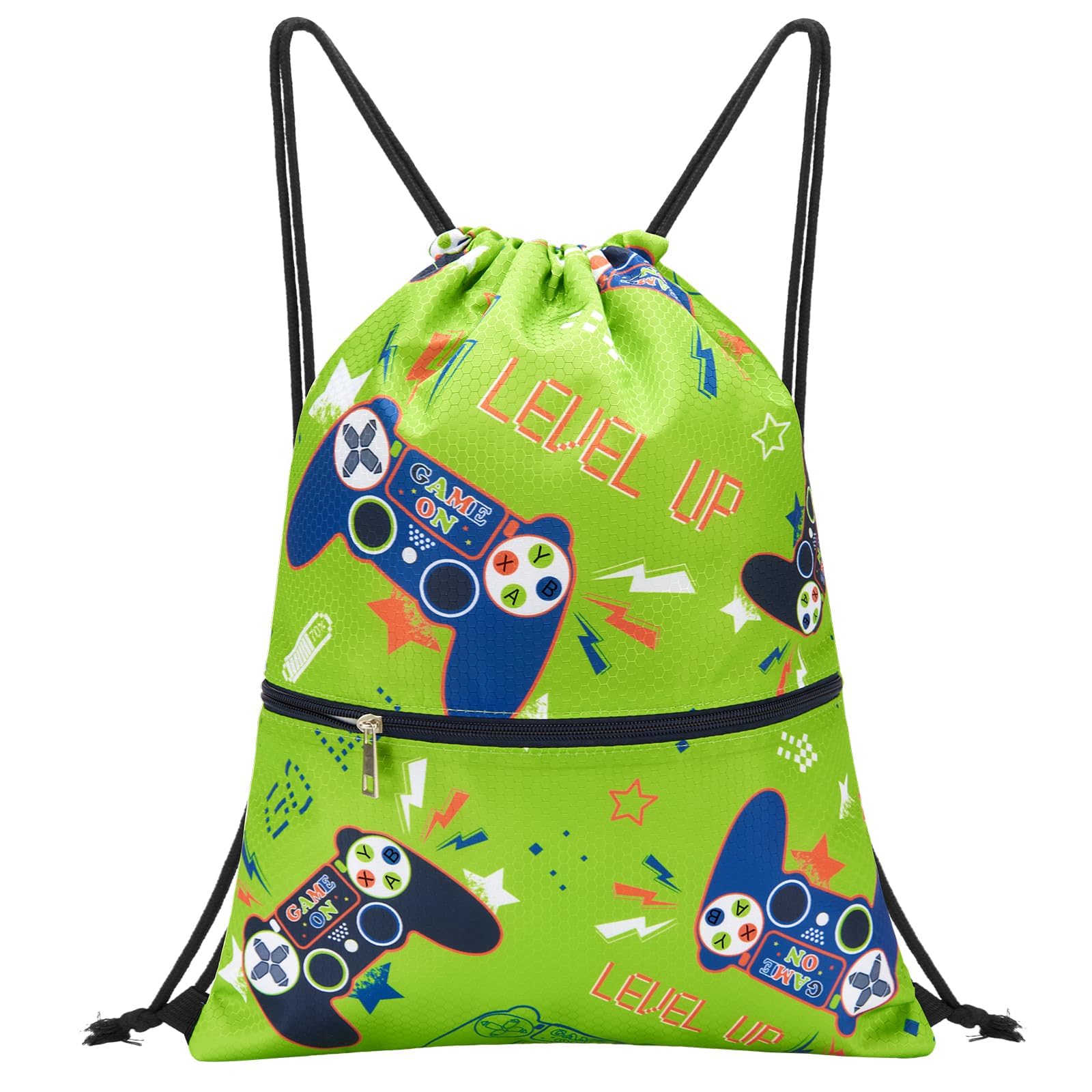 WAWSAM Video Game Drawstring Backpack - Drawstring Bags for Boys Kids Swim PE Bag for Beach Swim Swimming Pool School Draw String Bags with Zippered Pocket Waterproof Sports Gym Bag