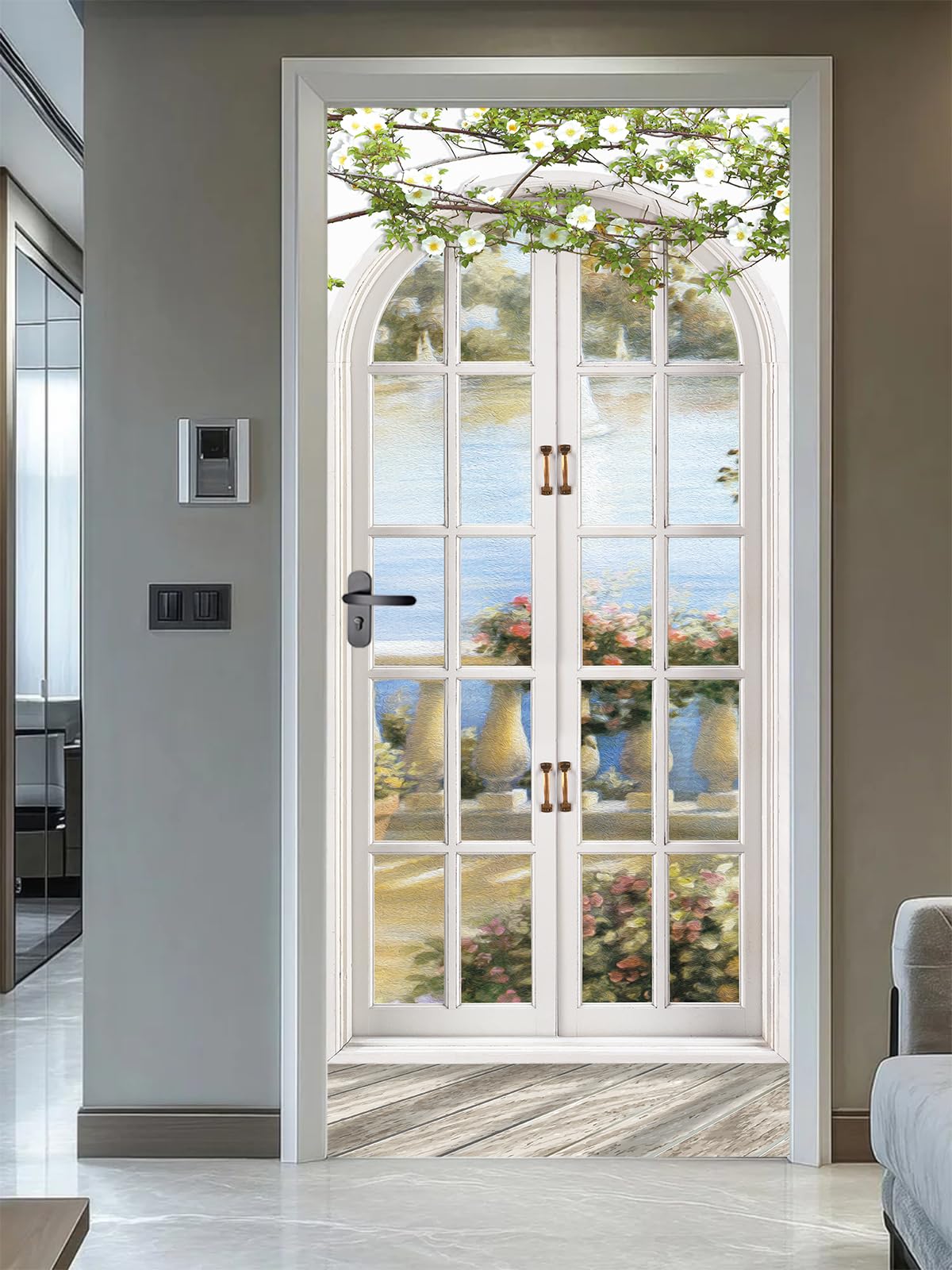 FLFK 3D Door Stickers Peel and Stick 77x200cm,Self-Adhesive Door Murals Wallpaper Poster European Style Arch Pastoral Decals for Home Decor(2Pcs/Set)