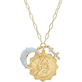 Lanadale Dainty Gold Zodiac Embossed Coin Opal Crescent Moon Charm Necklace for Women Trendy 18K Gold Plated Retro Paperclip Chain 12 Constellation Horoscope Necklaces Astrology Jewelry Gifts