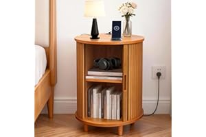 DHH Round End Table with Storage & Charging Station, Fluted Accent Side Table with Sliding Door & Adjustable Shelf, Mid-Centu
