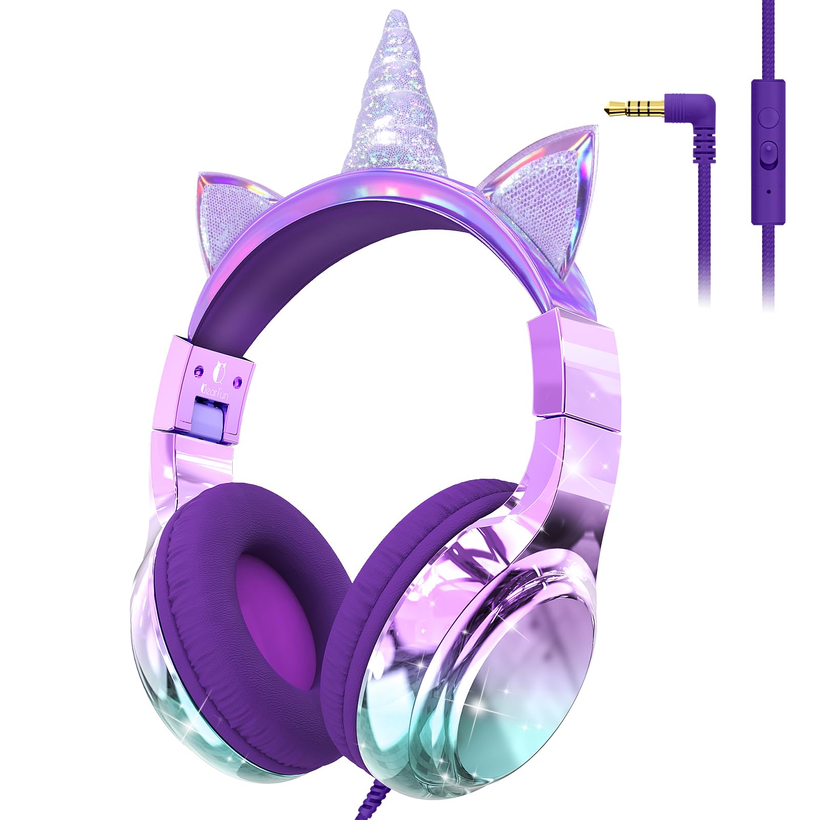Photo 1 of QearFun Kids Unicorn Headphones with Cord for Girls with Microphone, 85/94dB Safe Volume Limiter, Share Port, Foldable Sparkly Wired Headset for School, Travel, Tablet, iPad - Purple