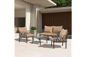 DOMI OUTDOOR LIVING Domi Outdoor 4 PCS Patio Conversation Set with Removable Khaki Cushions, Plastic Dining Table and Chairs Dining Set for Garden Lawn Yard