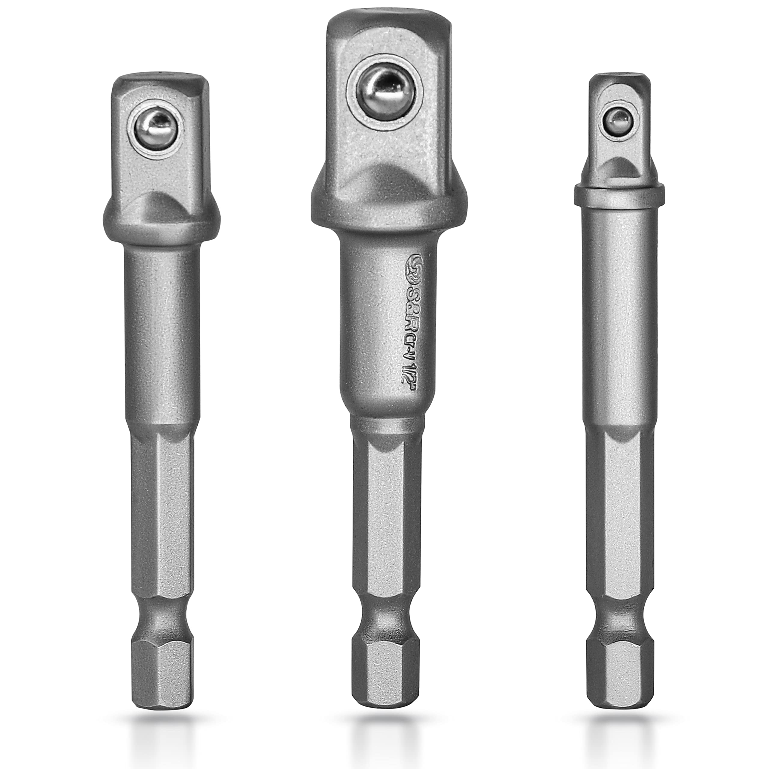 S&R Socket Adapter Set, 3-Part Socket Spanner Set – 1/4-inch, 1/2-inch, 3/8-inch Hex to Square, Chrome Vanadium, for Drills, Screwdrivers, Bit Holders (Light Grey)