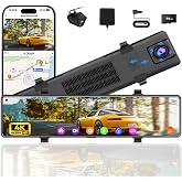12" Mirror Dash Cam Front and Rear, 4K Dual Dashcam for Cars with Voice Control, WiFi ADAS&amp;BSD&amp;LCA, GPS, Reverse Assist, G-Sensor, 24 Parking Monitor, Free 64GB Card