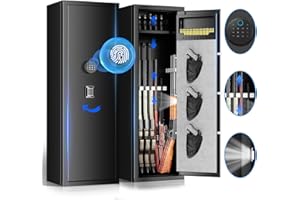 Yiosotne Rifle Safe for Rifle and Pistols,Fingerprint Long Gun Safe for Rifle and Shotguns with Multi-Function Panel and Pistol Pouches,Gun Cabinet with LED&Dual Alarm and Mute Mode