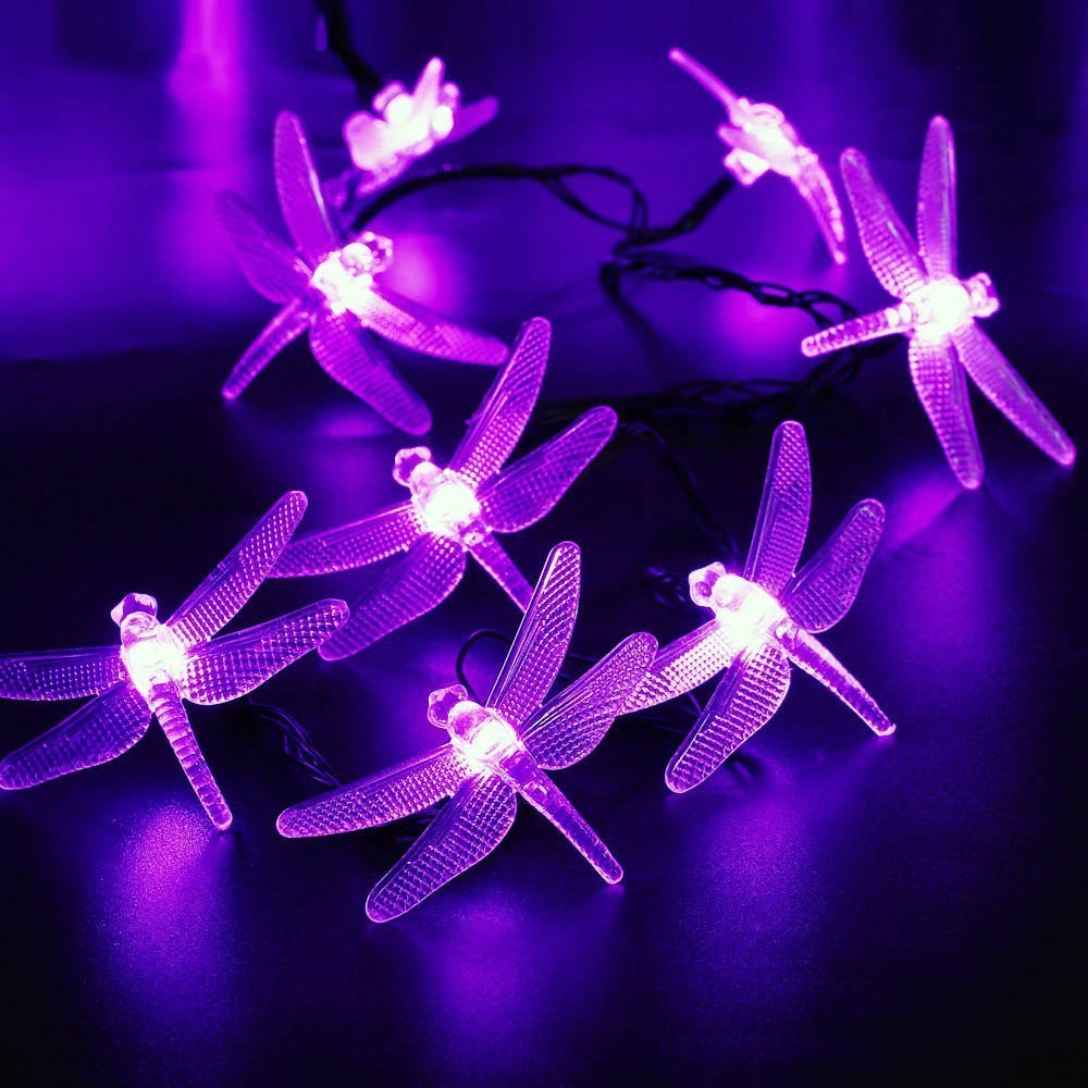 Dragonfly Lights, EONANT 20FT/6M 30 LED Solar String Lights with 2 Modes Lights Waterproof for Outdoor, Garden, Christmas Decorations (Purple)