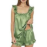 GraceSelect Satin Pajamas for Women Set 2 Piece Cute Ruffle Tank Top and Shorts Pjs Silk Bridal Sleepwear Set Sexy Nightwear