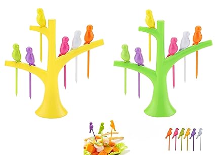Slings Plastic Fruit Fork Set, 12-Pieces with 2 Stand, Multicolour