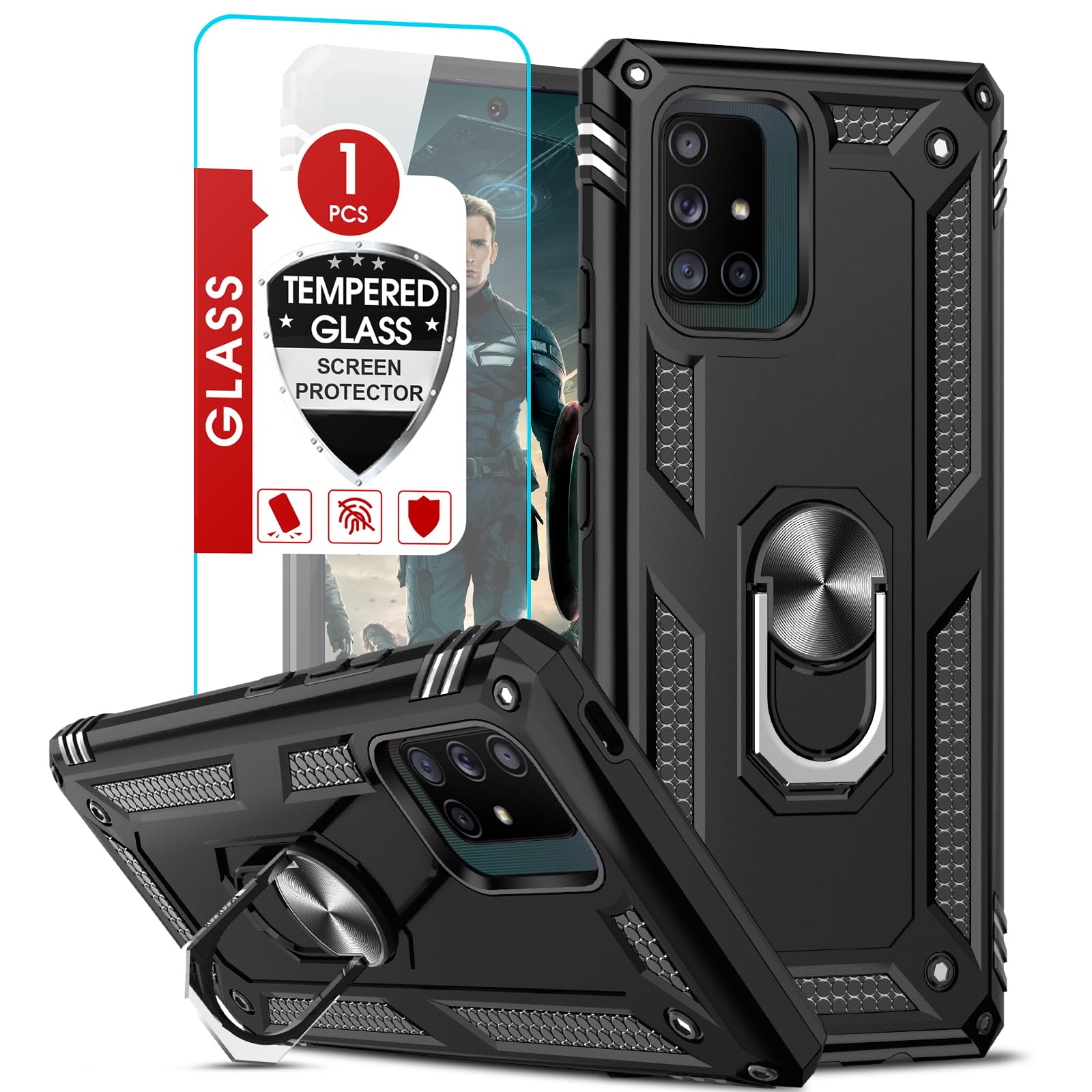 Photo 1 of LeYi for Galaxy A71-5G Phone Case: Samsung A71 5G Phone Case with Tempered Glass Screen Protectors, Military-Grade Magnetic Ring Kickstand Celular Case Covers Funda para for A71 5G Unlocked, Black