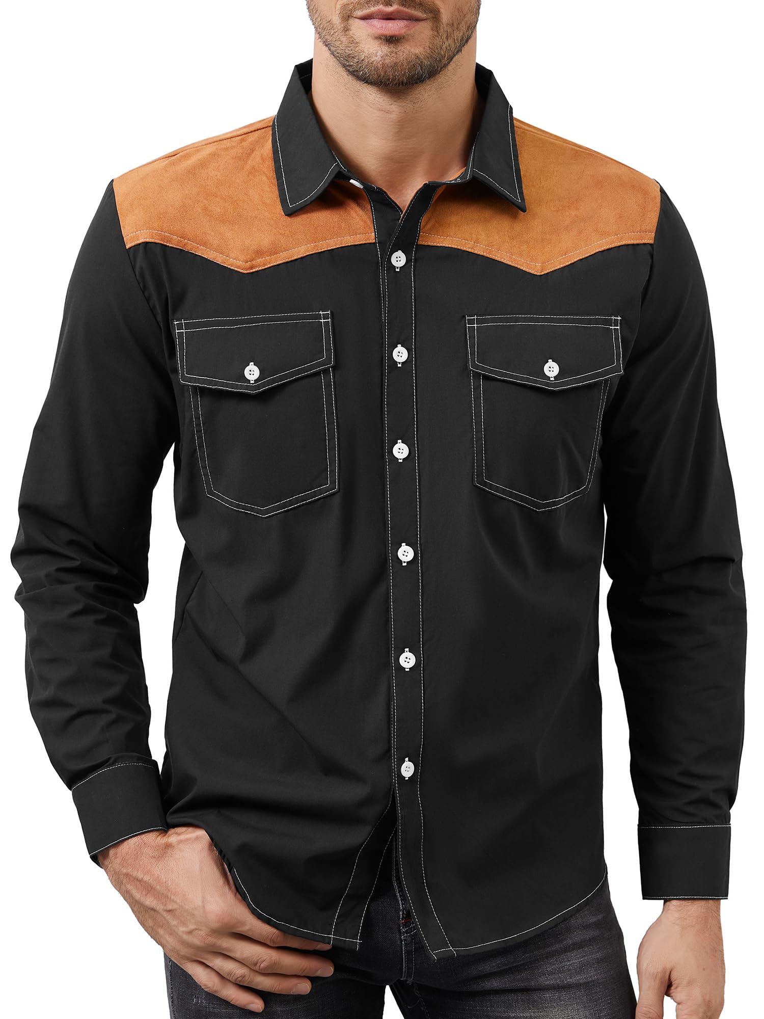 Photo 1 of LALATCH Men's Western Cowboy Shirt Embroidered Long Sleeve Slim Fit Casual Cotton Button Down Hippie Shirts with Pockets Vintage Country Shirts for Men Camisas Vaqueras para Hombres Brown XL