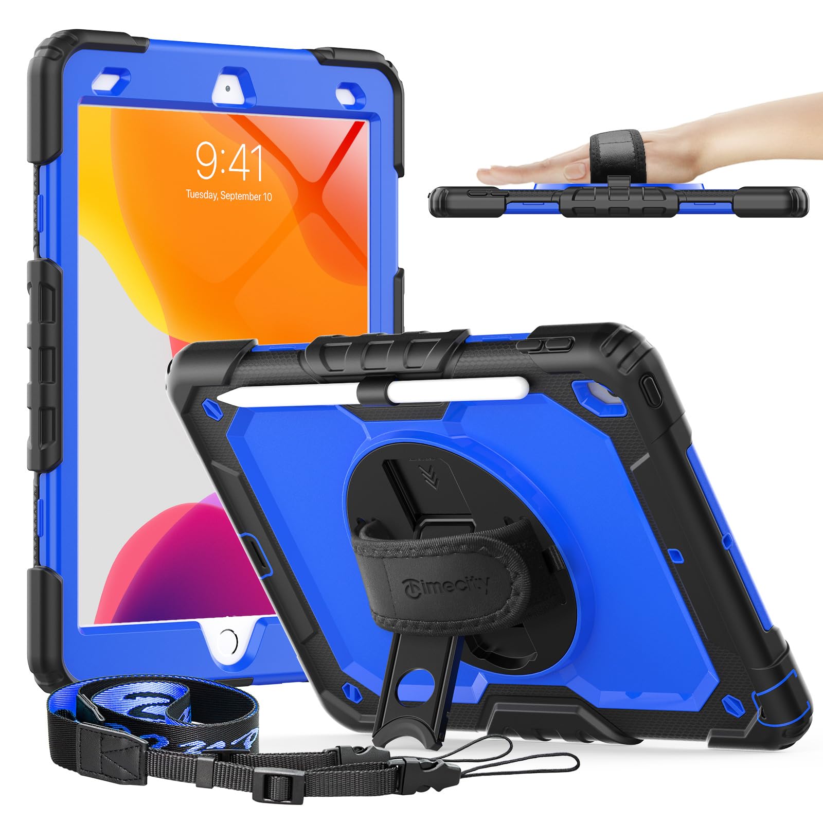 Timecity Case for iPad 9th/ 8th/ 7th Generation 10.2 inch - Heavy Duty Protective Cover with Screen Protector, Rotating Stand, Shoulder Strap & Pencil Holder | Kids-Friendly, Blue