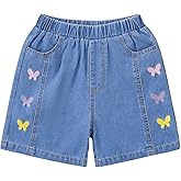 Hilinker Girls Denim Shorts Cute Embroidery Elastic Waist Summer Jean Shorts with Pockets