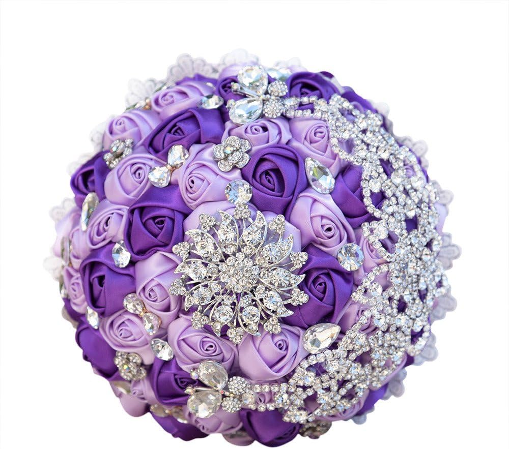 Amulti Wedding bouquet for the bride,Bridesmaid Bridal bouquet For Wedding,wedding decorations,Bouquet Flowers Roses Crystal Pearl Wedding Bouquet, Bridal Artificial Silk Flowers 18cm/7 inch (Purple)
