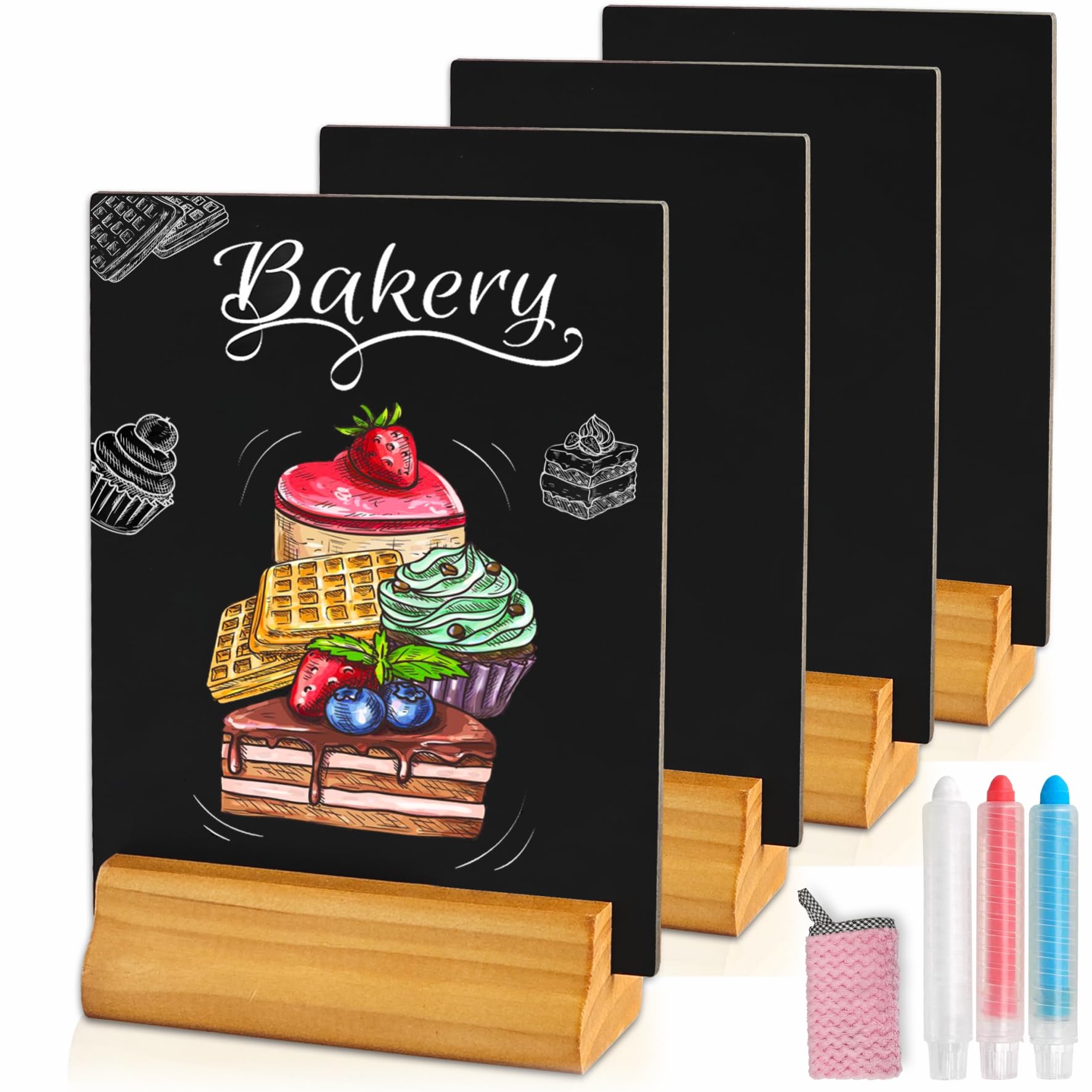 Moco Moment 4 Pack A5 Chalk Board Sign Erasable Tabletop chalkboards with Removable Wooden Stands Double Sided Black Boards for Wedding Party Decoration (4 Pack, A5)
