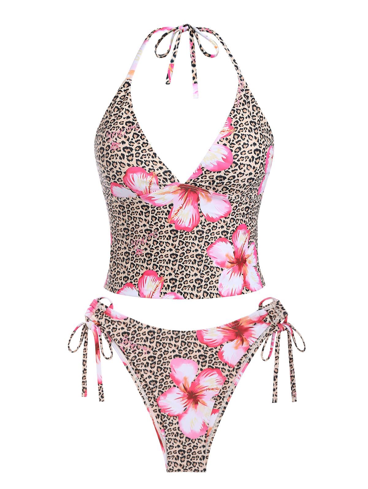 Photo 1 of seamoly Women's Tankinis Leopard Floral Print Halter Tied Tie Side Tankini Set,Coffee,LG